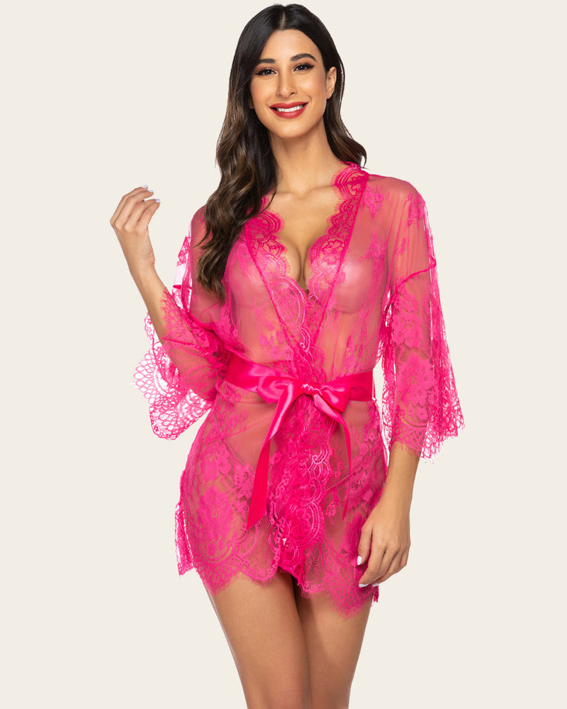 Hot pink lace kimono robe with butterfly sleeves, satin tie and g-string, elegant lingerie set
