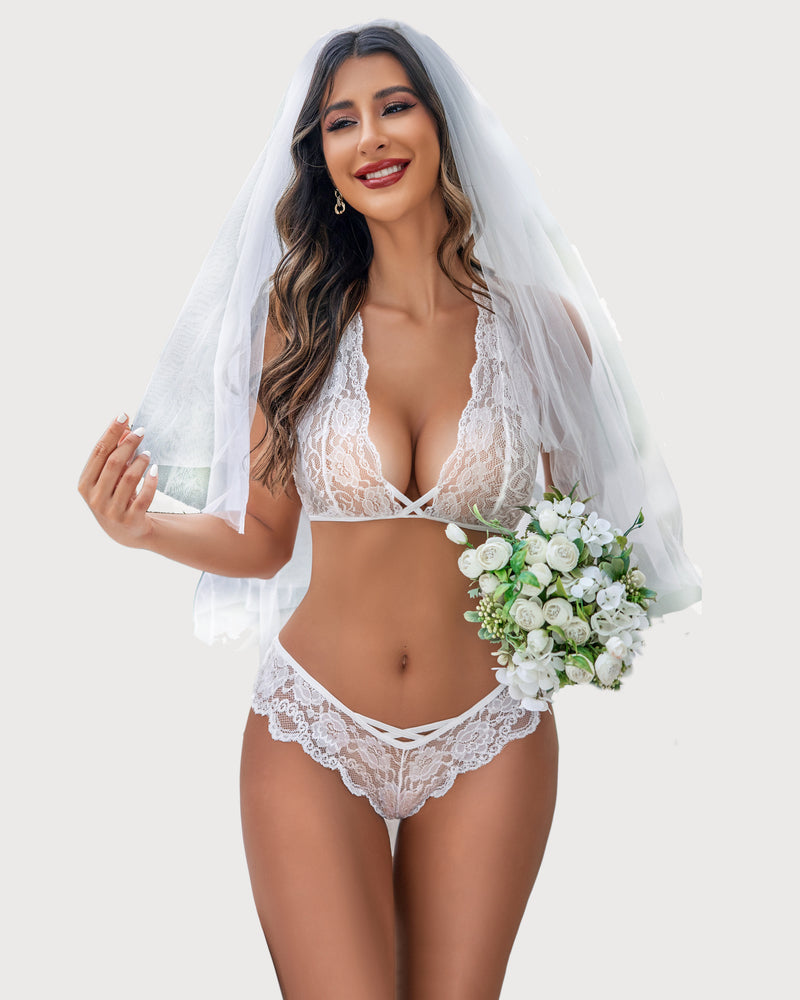 White lace lingerie set: bridal halter bra and peek-a-boo panty, featuring confident and sexy style.
