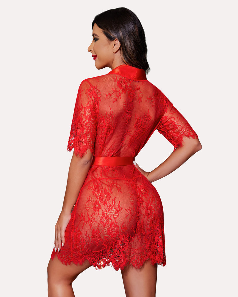 Red floral lace kimono robe lingerie with satin belt, elegant sheer sleepwear for women
