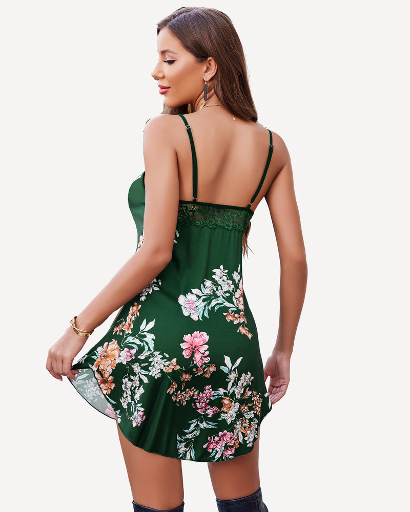 Green floral satin mini slip sleepdress with lace trim. Elegant Avidlove sleepwear for women.