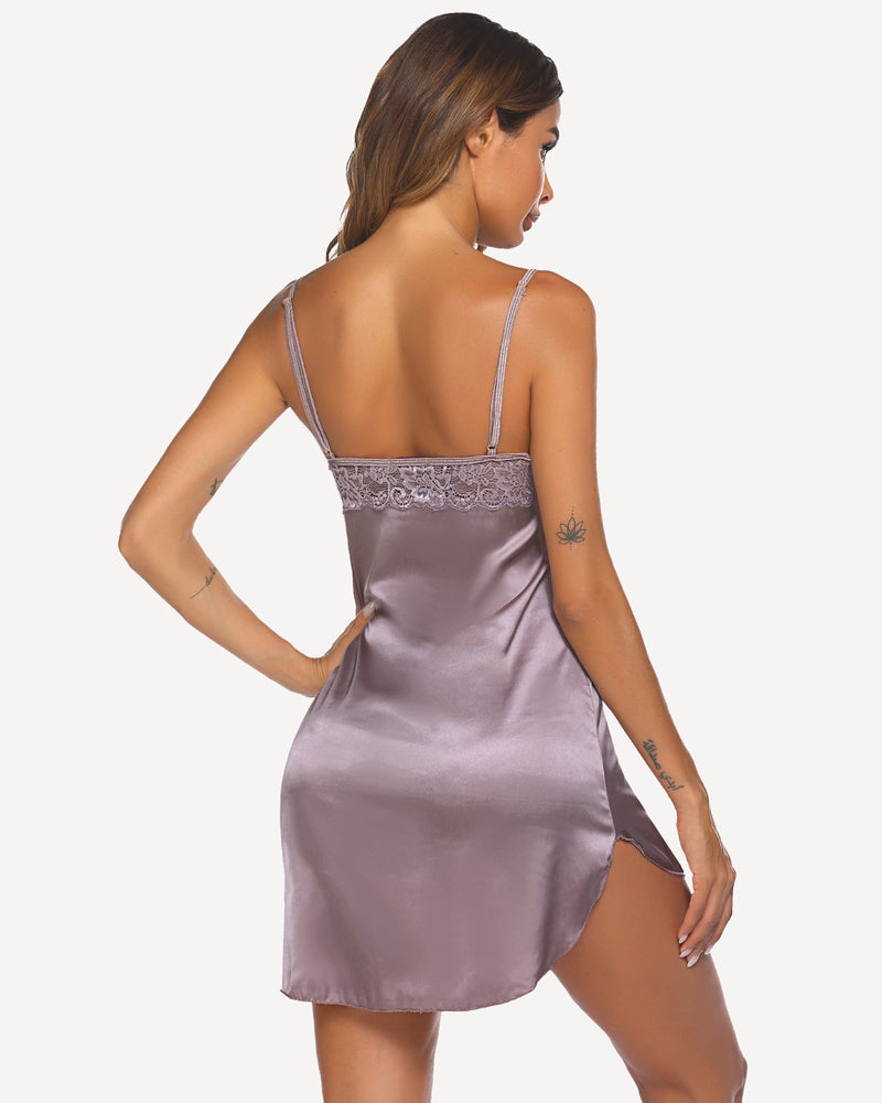 Lavender satin slip dress with lace trim. Elegant sleepwear. Adjustable straps. Sexy lingerie.