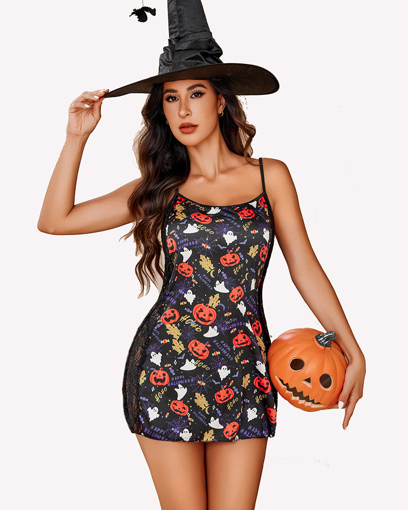 Halloween satin chemise, lace trim, witch hat & pumpkin print. Sexy, festive lingerie for women.
