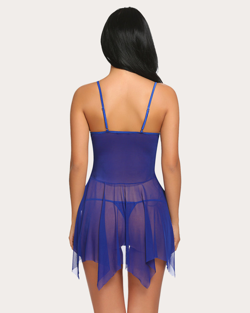 Royal blue babydoll lingerie set with adjustable straps and sheer skirt, maternity-friendly