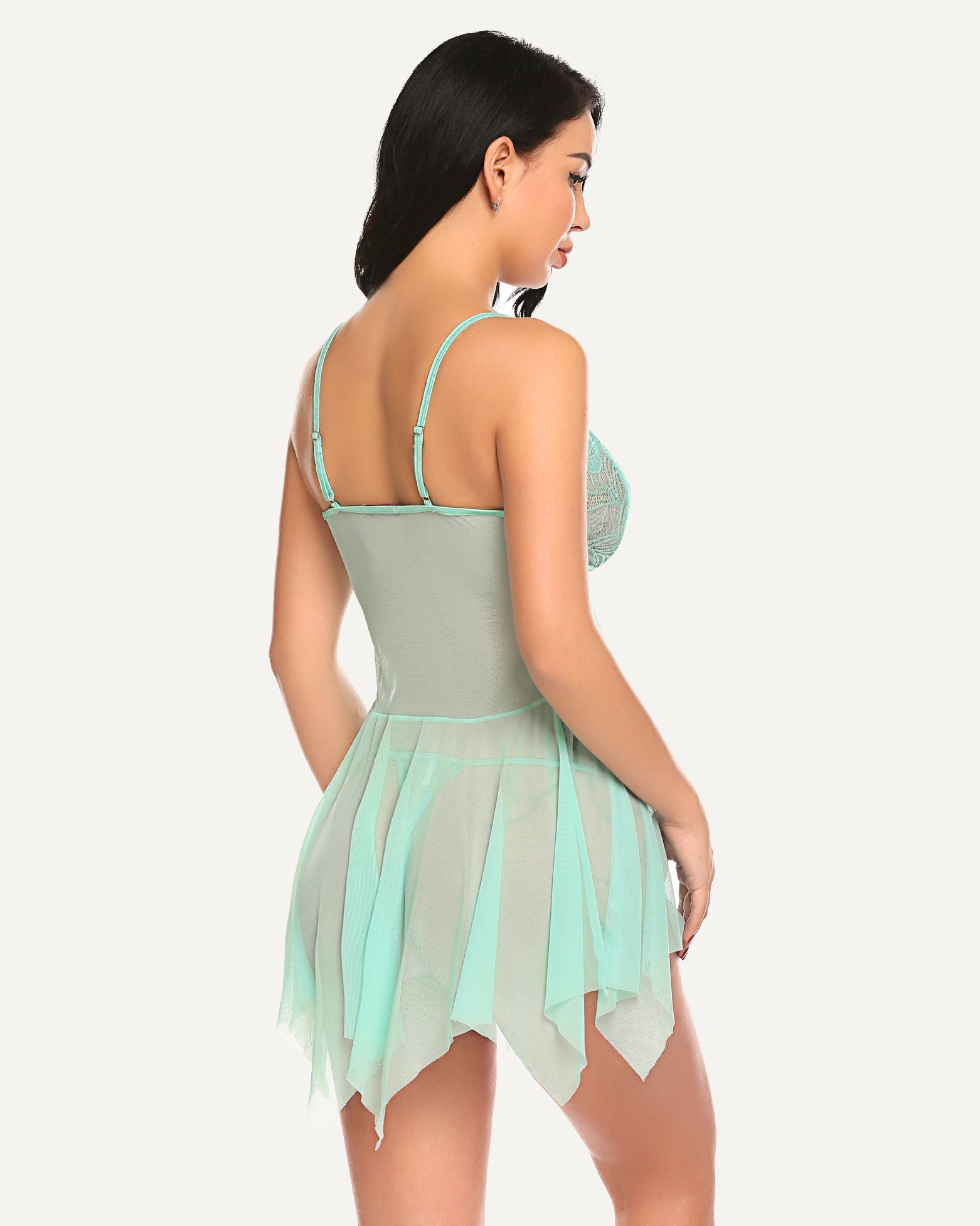 Mint green lace babydoll maternity lingerie, adjustable straps, sheer skirt boudoir outfit