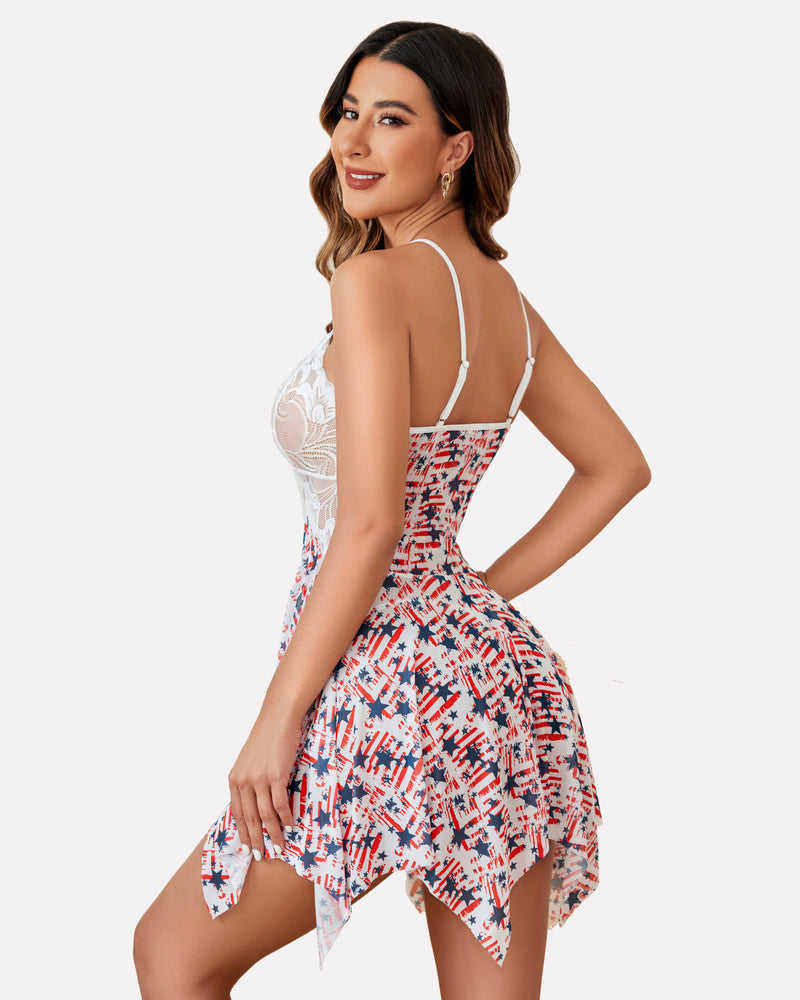 Patriotic print plus size babydoll lingerie with lace cups and adjustable straps