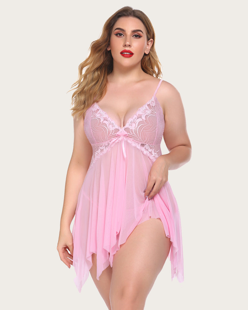 Plus size pink lace babydoll lingerie with open front and adjustable straps, sexy lingerie