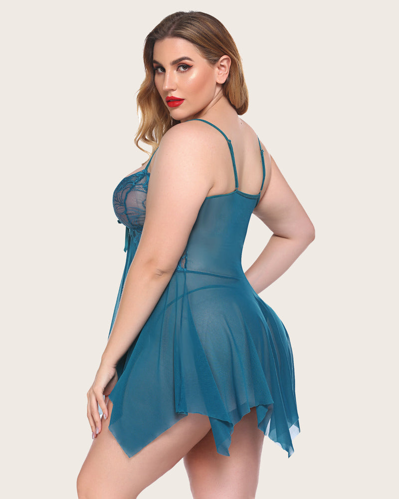 Teal lace babydoll plus size lingerie, adjustable straps, sheer mesh, maternity wear