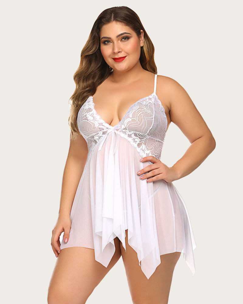 White lace babydoll lingerie, plus size model wearing open front and adjustable straps lingerie set