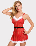 Green lace Christmas babydoll lingerie with white fur trim and black waistbelt.