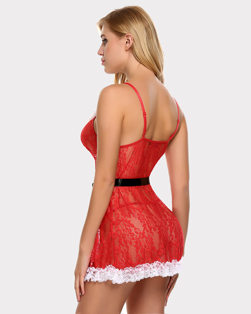 Avidlove red Christmas babydoll lingerie for women, featuring lace, white trim and black belt