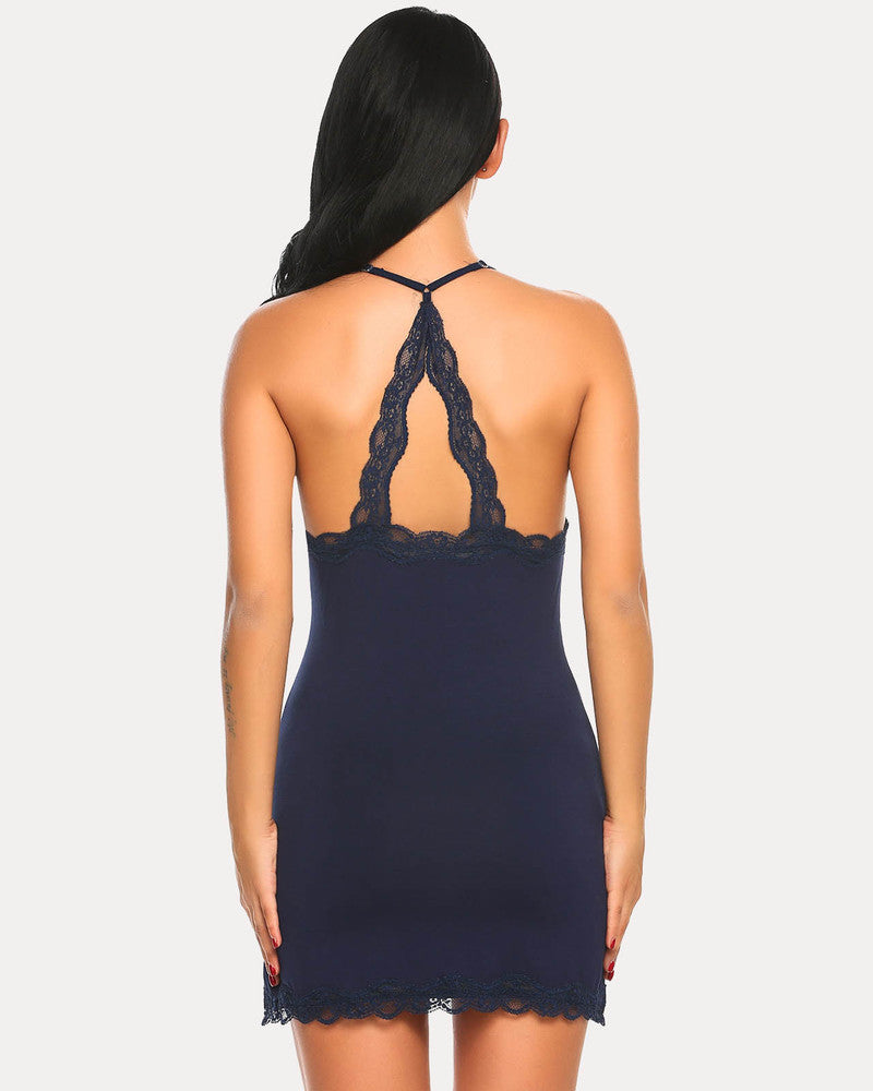 Navy chemise slip dress with lace trim, spaghetti straps, slim fit, sexy lingerie.