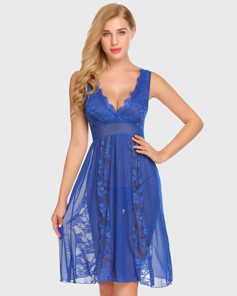 Blue lace chemise nighty with plunging neckline and mesh panels. Sexy lingerie. Avidlove nightwear