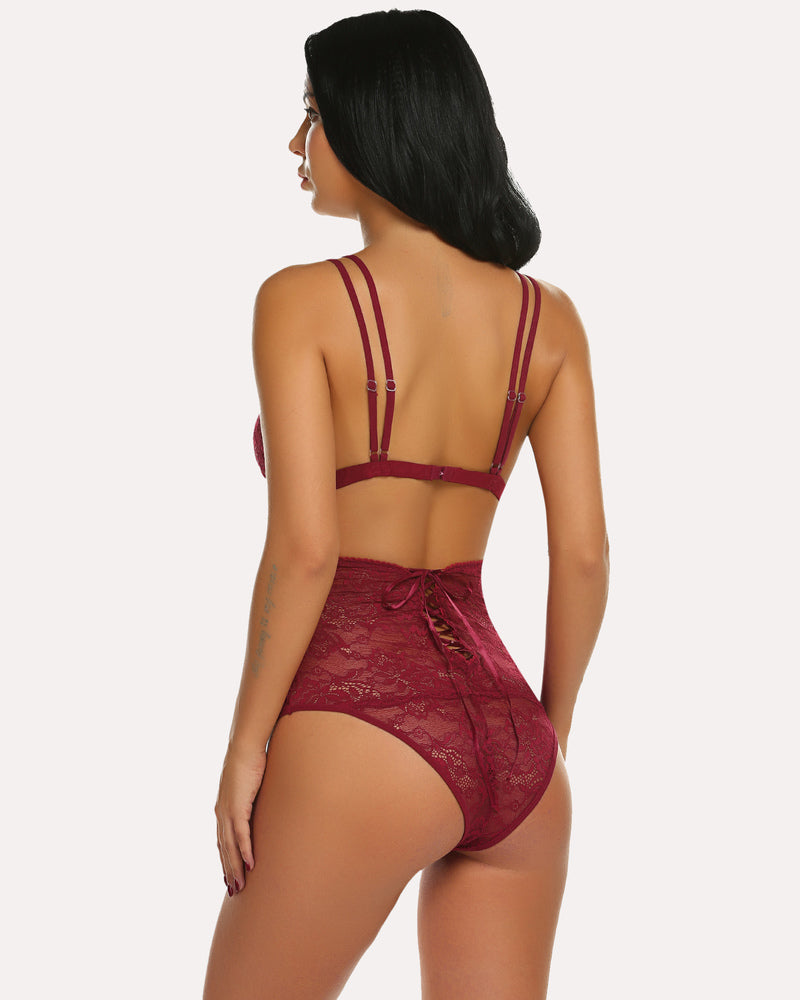 Burgundy lace high waist lingerie set by Avidlove. Tie-up back panty, adjustable straps.