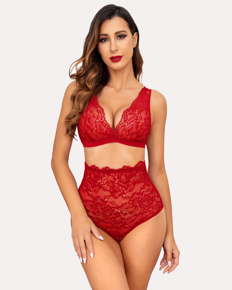 Red floral lace high waist bra and panty set, V-neck design, soft material, by Avidlove