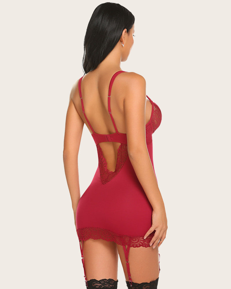 Burgundy lace trim full slip with garter belt and keyhole back. Sexy lingerie for women.