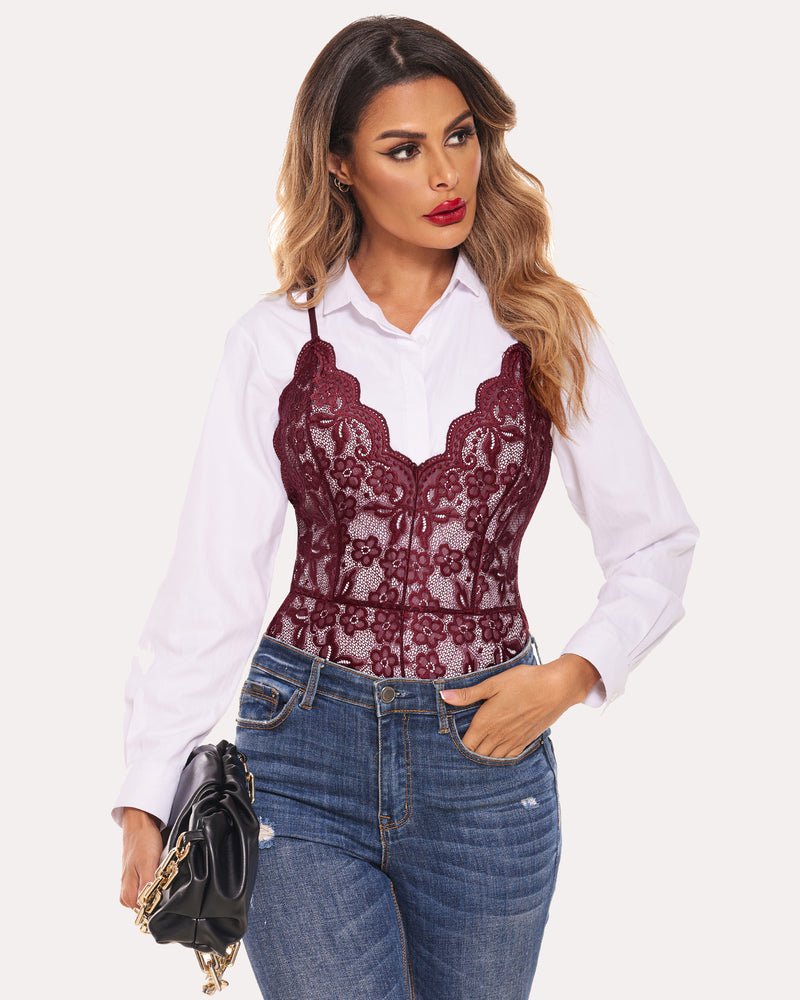 Burgundy floral lace teddy bodysuit with adjustable straps over white shirt, everyday lingerie