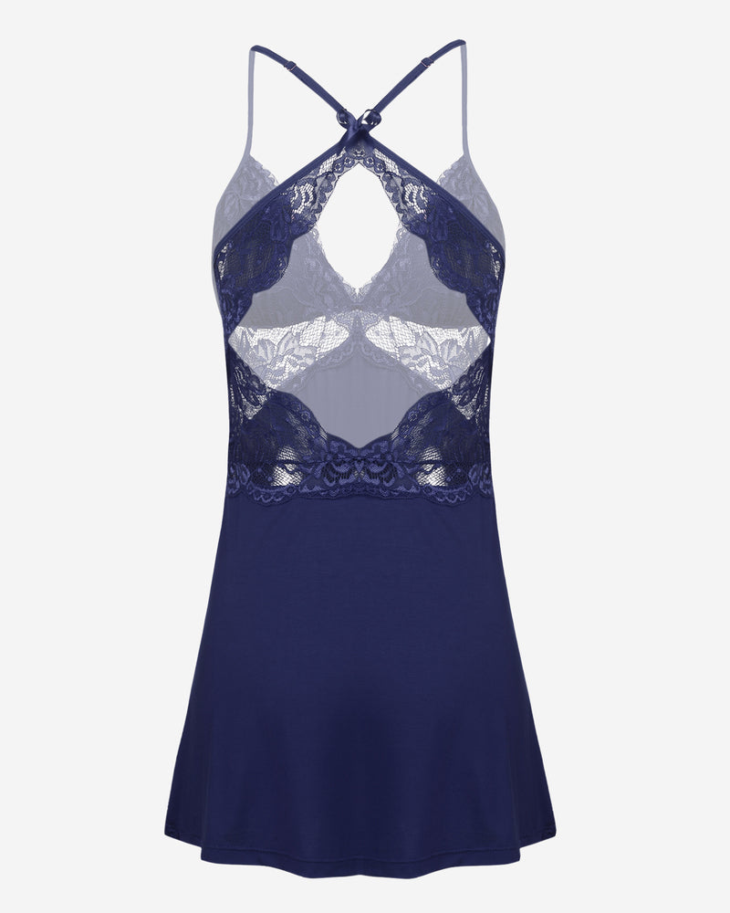 Navy blue Avidlove chemise mini dress with lace detailing and adjustable straps