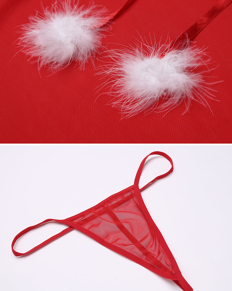 Red Santa lingerie set with fur trim and sheer lace design, includes G-string; sexy lingerie