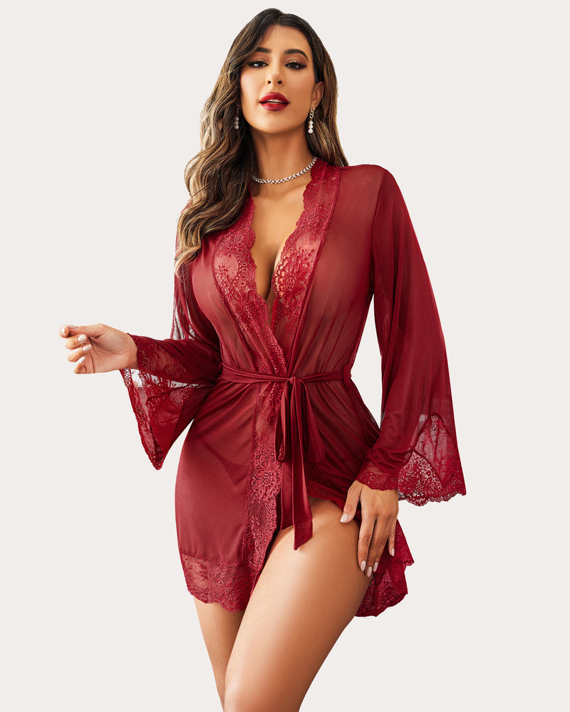 Deep red lace kimono robe with a belted waist, sexy lingerie, designed for women