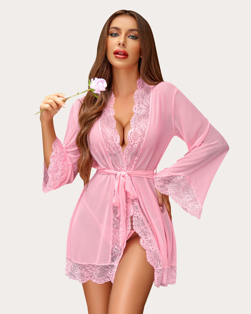 Pink lace kimono robe with deep v-neck and belted waist. Sexy lingerie, boudoir.