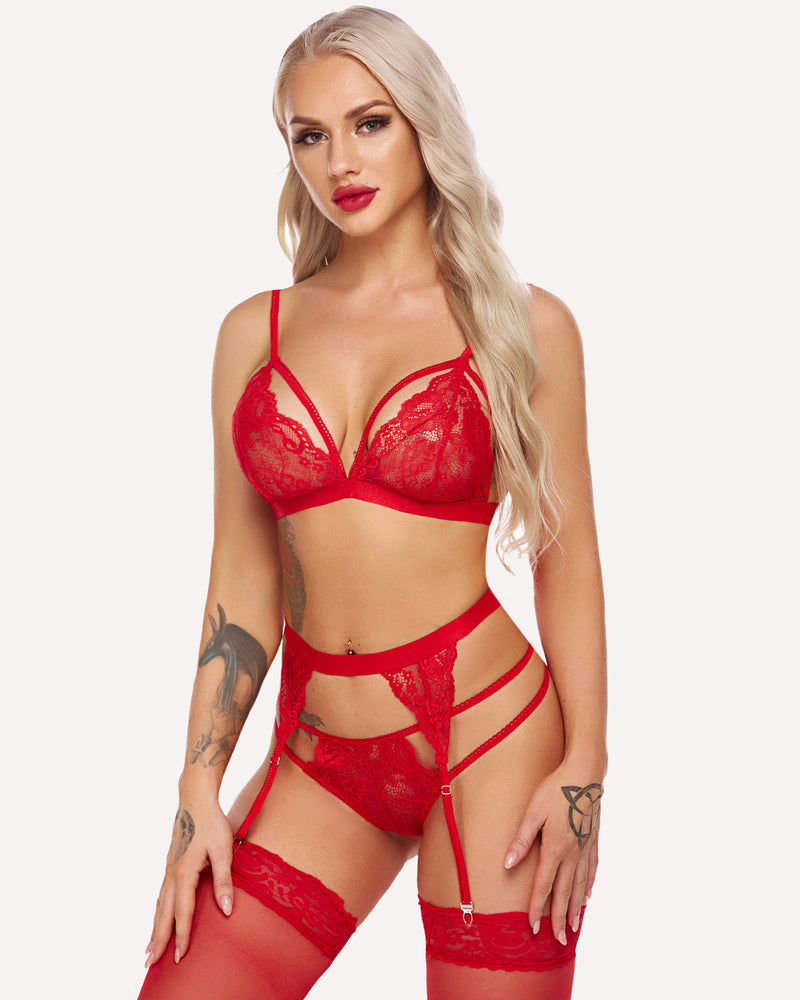 Red lace lingerie set with garter belt, sheer cups, and adjustable straps. Sensual Avidlove design.