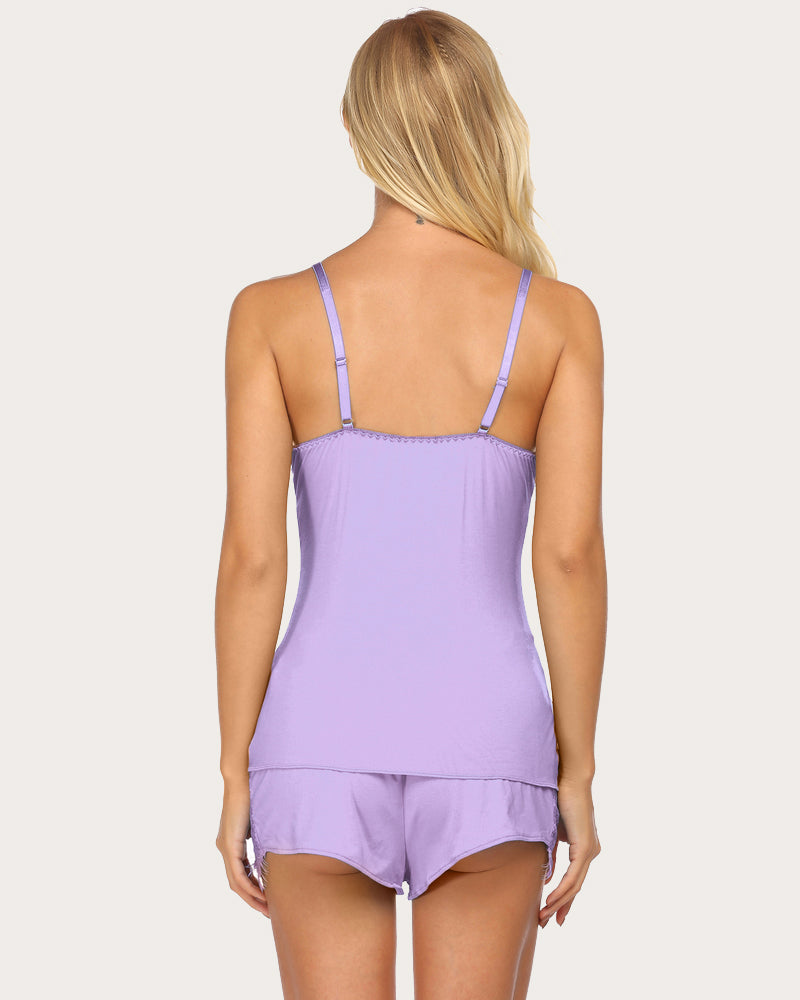Lavender Lace Cami PJS Set - Back view of rayon spandex sleepwear with lace details.