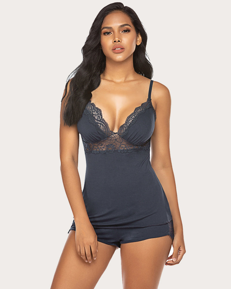 Navy Lace Cami Pajama Set with lace trim - Women's comfortable rayon spandex sleepwear