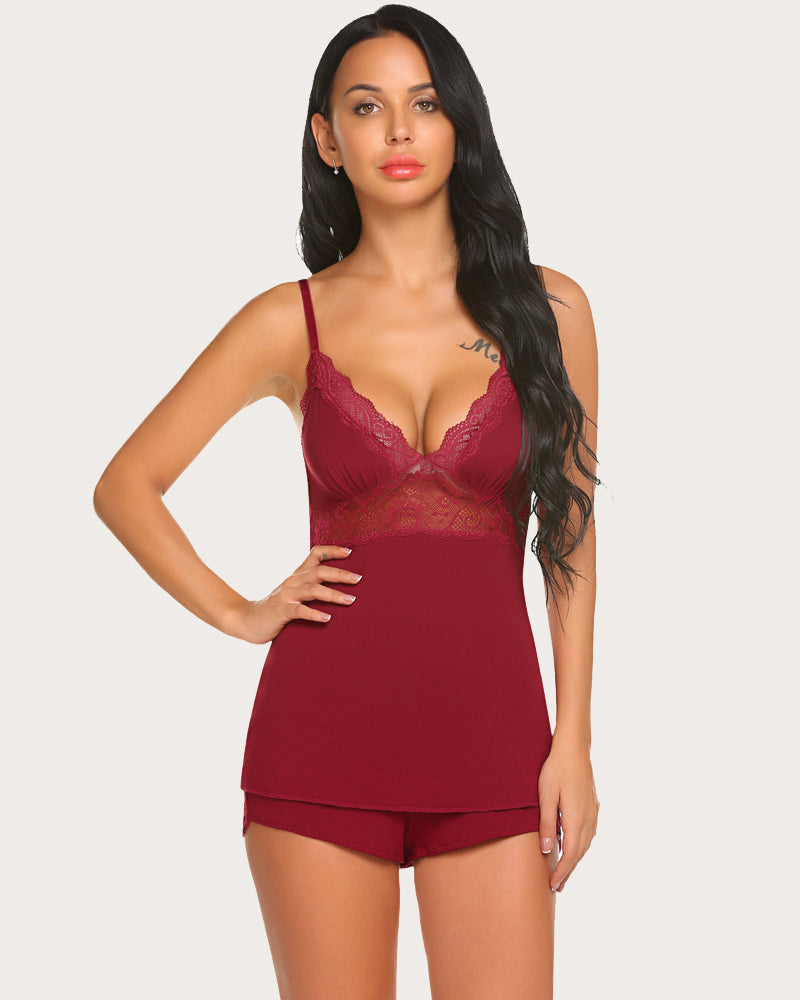 Maroon Lace Cami Pajama Set. Rayon spandex sleepwear with lace trim and adjustable straps for women.