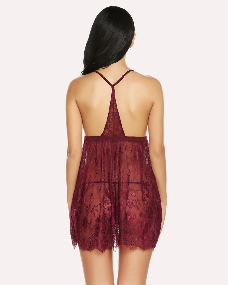 Burgundy lace babydoll lingerie set, open back, adjustable straps and sheer fringed hem
