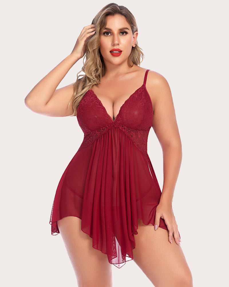 Plus size burgundy lace babydoll lingerie with asymmetrical hem, perfect for sexy sleepwear