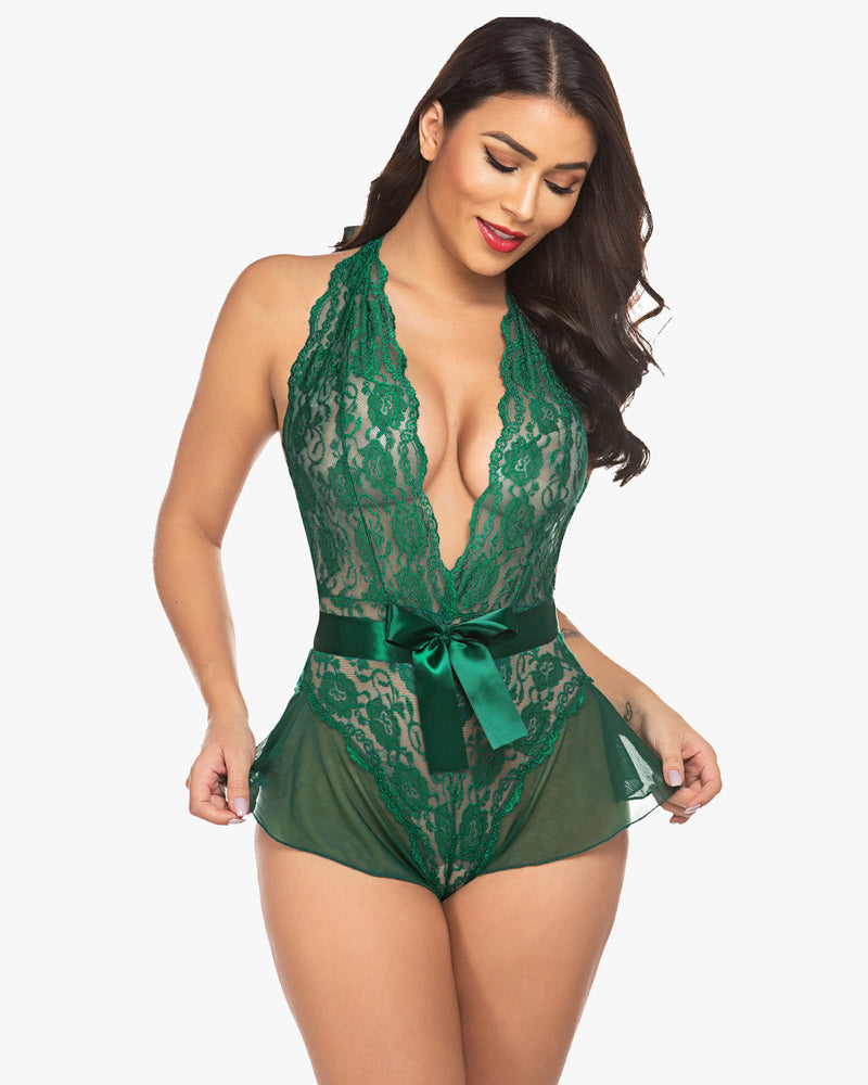 Green lace teddy bodysuit with halter V-neck and satin bow. Sensual Avidlove lingerie.