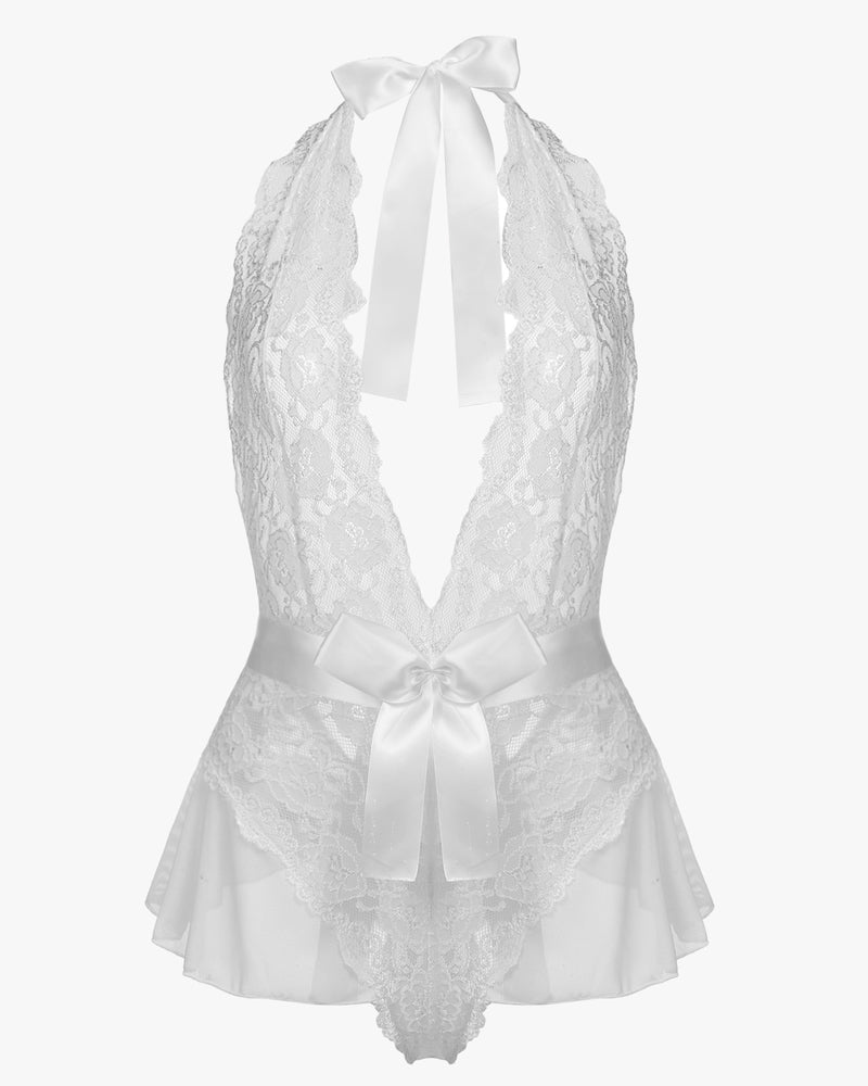 White lace halter bodysuit with plunging V-neck and satin bow detail, elegant and sexy lingerie.
