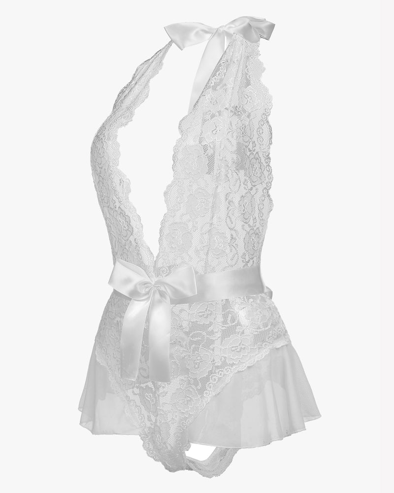 White lace halter V neck one-piece lingerie with bow, sexy and elegant
