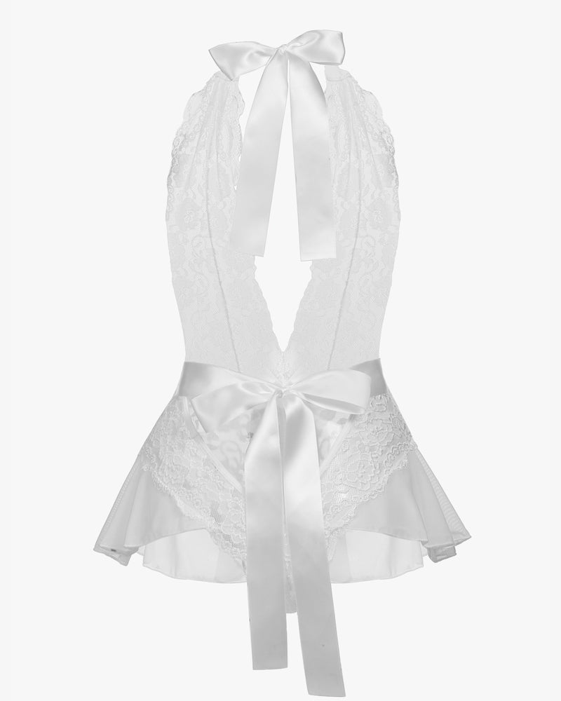 White halter V neck one-piece lingerie bodysuit with satin bow, mesh trim, and elegant lace details.