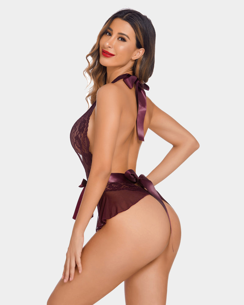 Burgundy lace halter lingerie bodysuit with satin bow, mesh trim, elegant and sexy for women.