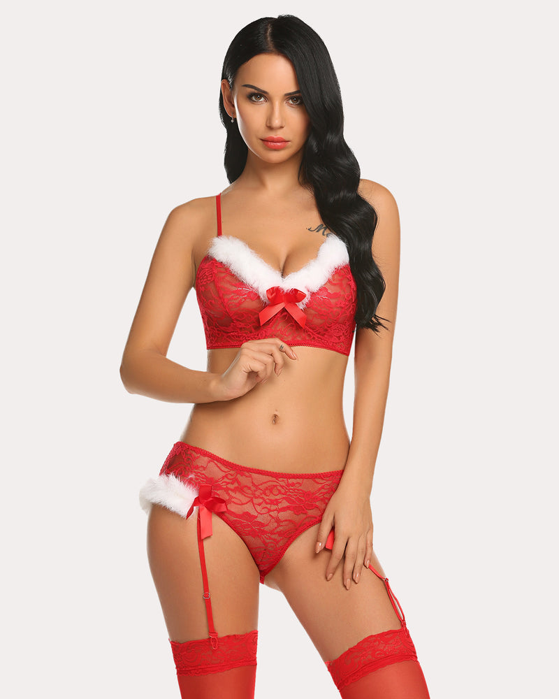 Red lace Santa bra and panty set with garter belt. Christmas lingerie for women.