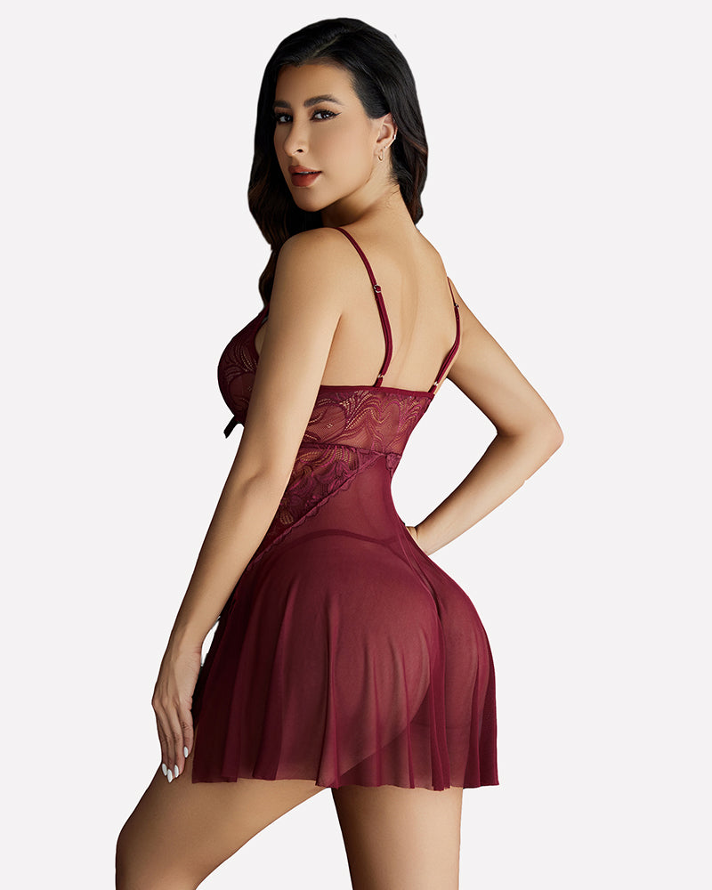 Burgundy lace babydoll lingerie for plus size women with adjustable straps and flowy mesh skirt