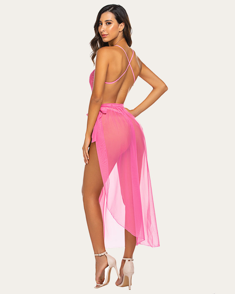 Pink lace bodysuit with mesh skirt set, deep V-neck, romantic nights, Avidlove