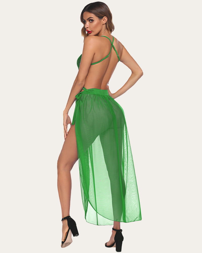 Green lingerie set with mesh skirt, backless design, perfect for romantic nights. Avidlove