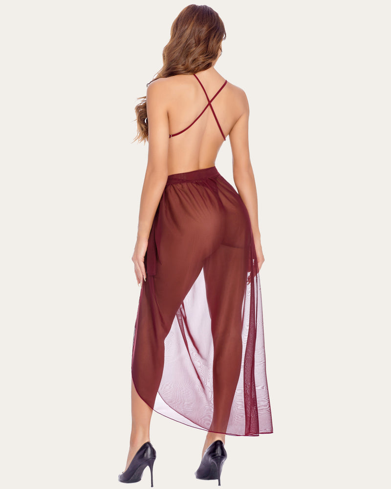 Burgundy mesh skirt lingerie set, low-back design. Romantic nightwear for women.