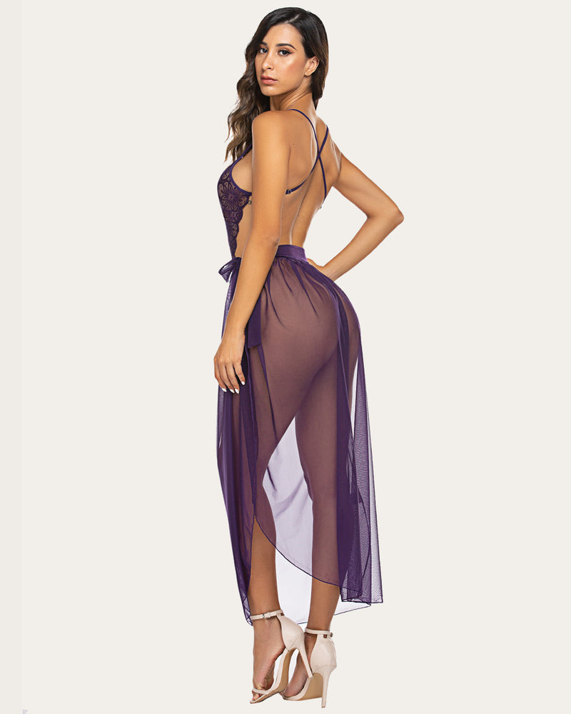 Deep V-neck purple lace bodysuit with mesh skirt, perfect for romantic nights, Avidlove lingerie