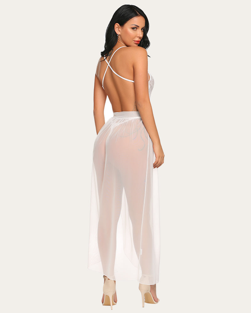 White lace bodysuit and mesh skirt lingerie. Deep V-neck design, perfect for romantic nights.