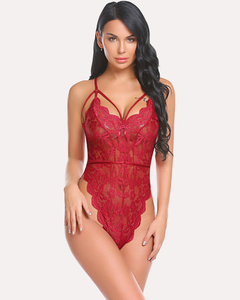 Red floral lace bodysuit with scalloped trim, a lingerie piece perfect for special nights.