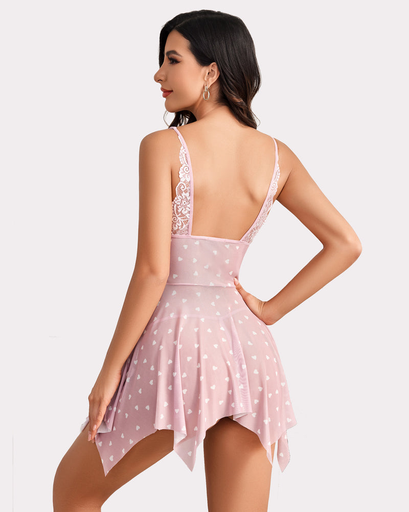Pink Avidlove babydoll lingerie with heart prints, lace, adjustable straps, asymmetrical hem.