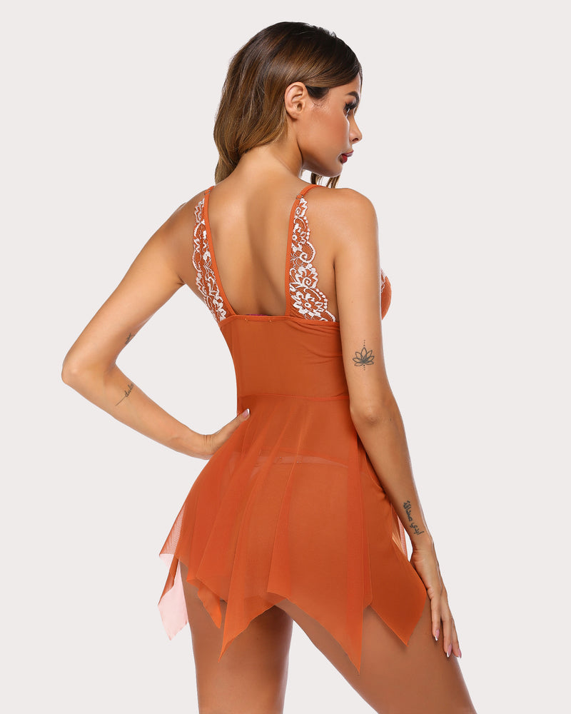 Rust Avidlove babydoll, lace straps, front V-neck and asymmetrical hem, sexy lingerie