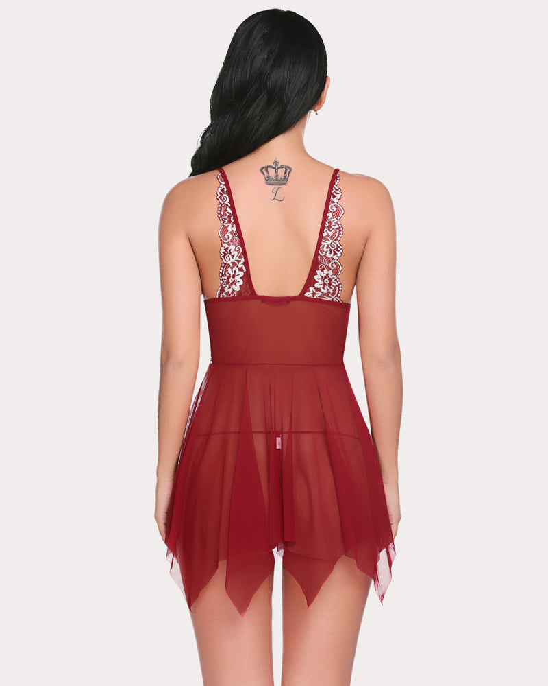 Avidlove burgundy babydoll with lace details, V-neck, and asymmetrical hem, sexy lingerie.