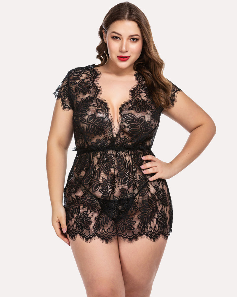 Black lace babydoll chemise, deep V-neck and eyelash trim. Sexy plus size lingerie for women.