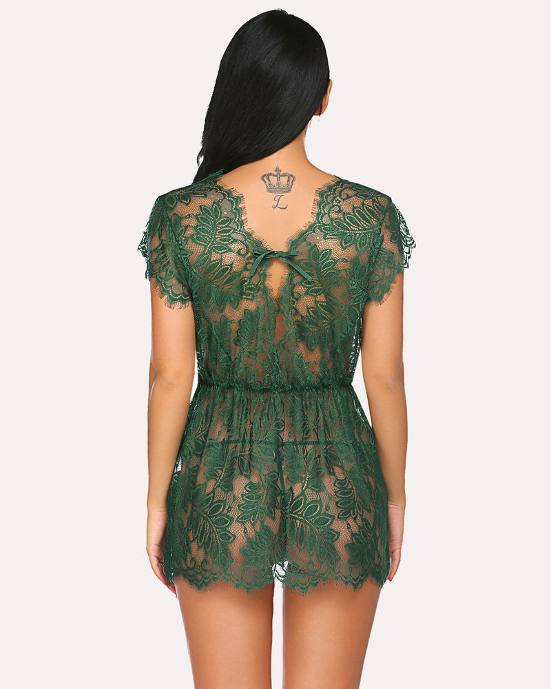 Green eyelash lace romper with deep V-neck. Plus size bridal lingerie for romantic night.