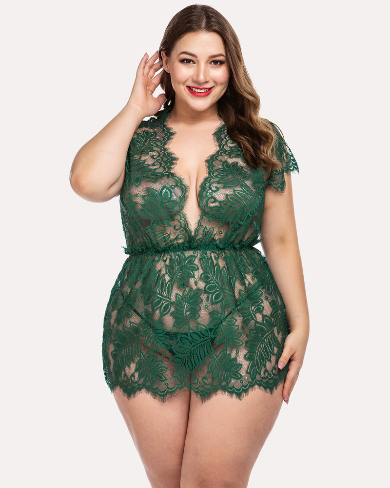 Plus size green lace chemise romper with deep V-neck and eyelash trim. Sexy lingerie for women.