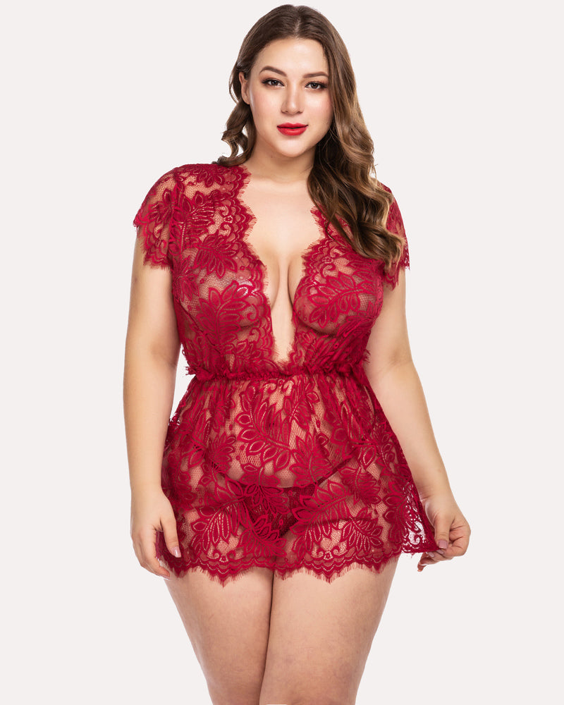 Plus size red lace chemise romper, deep V-neck, eyelash trim. Flattering, sexy lingerie for women.